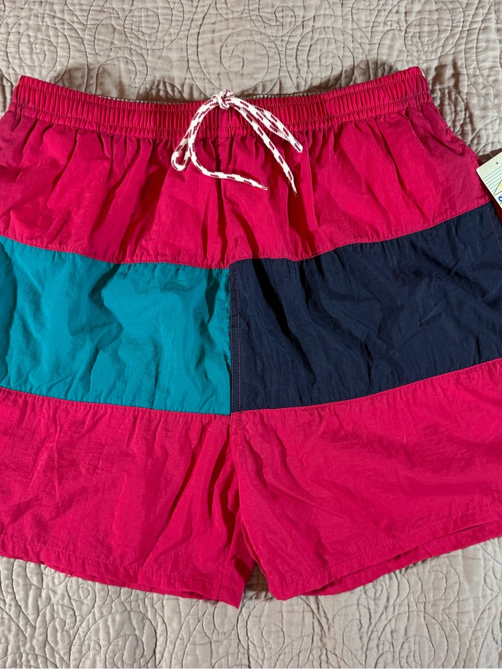 Vtg 80s Sunforce Color Block Swim Trunks NWT Deadstock Mens L Pink Teal Navy